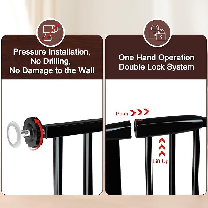 DEARBB Extra Wide Baby Gate Ultra Narrow Spacing 30.11-77.36" Pressure Mounted Double Lock Swing Auto Close Walk Through Metal Safety Pet Gate for Stairs and House Doorway Kitchen