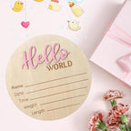 Baby Announcement Sign, 5.9 Inch Wooden Hello World Newborn Signs, Birth Announcement Sign, Baby Shower Hospital Nursery for Newborn Boys and Girls (Pink,Pen)