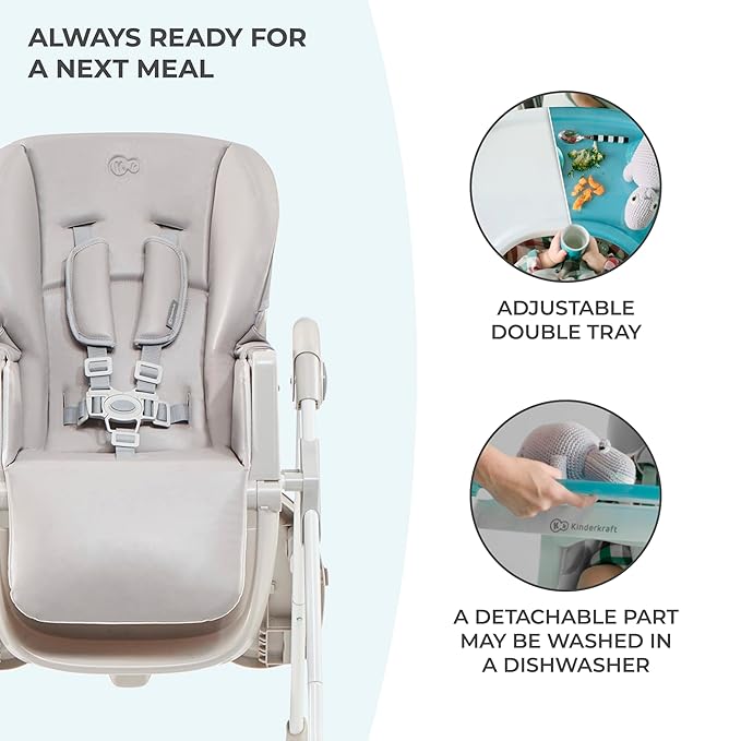 Kinderkraft Highchair Yummy, Baby Chair, Ergonomic, Comfortable, Reclining, Foldable, with Ajustable Height, Footrest, Detachable Double Tray, for Toddler, from 6 Month to 3 Years, Gray