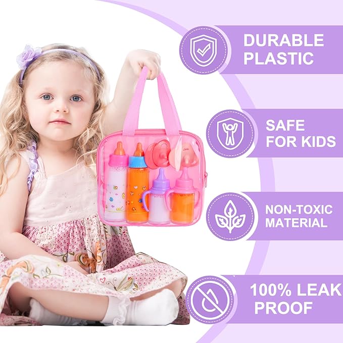 Baby Doll Bottles Accessories Set for Toddlers, 2 Milk and 2 Juice Bottles and 2 Toy Pacifier (Pink)