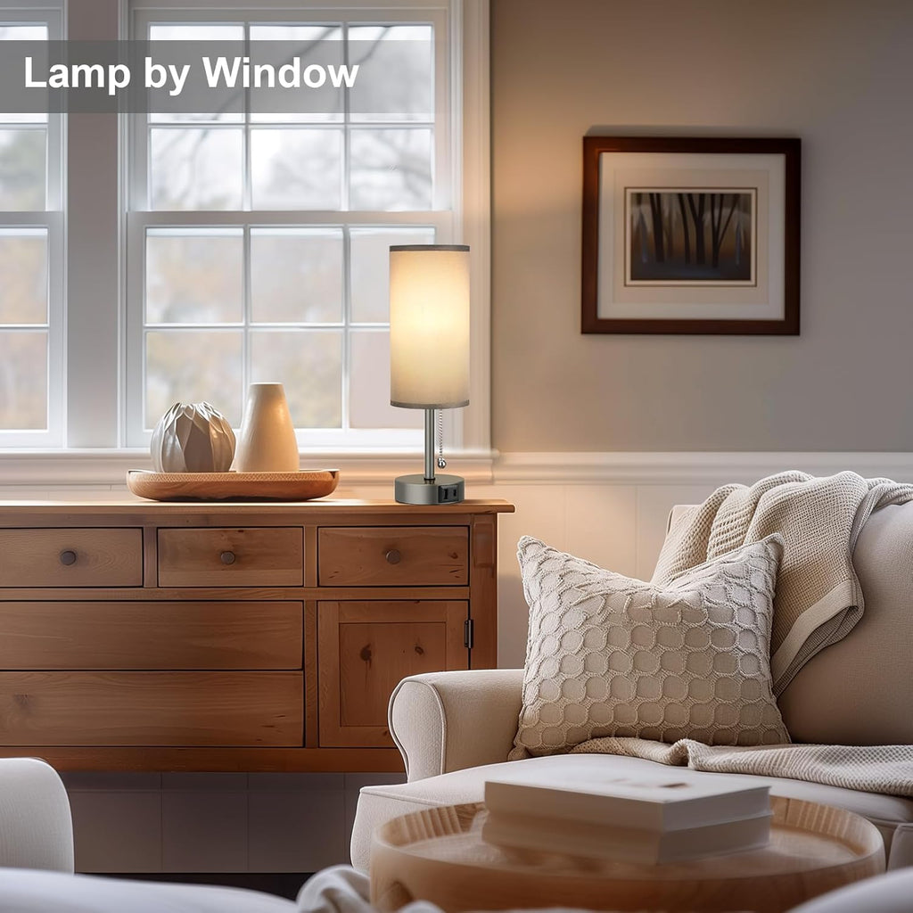 Grey Bedside Lamp for Bedroom Nightstand - Small Table Lamp with USB A + C Charging Port, 3 Color Temperatures Pull Chain Night Stand Light, Side Table Desk Reading Lamp for Living Room/Study Room