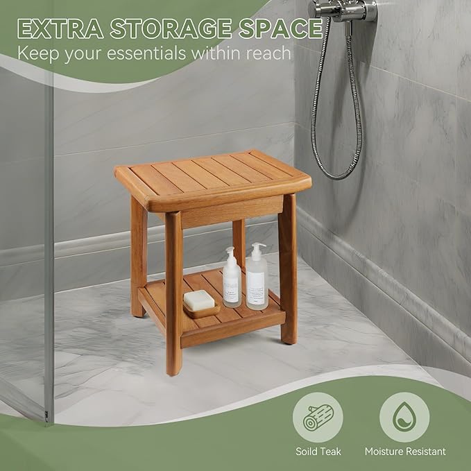 Teak Shower Bench-Solid Teak Wood Shower Chair with Storage Shelf, Stable Non-Slip Bathroom Stool for Elderly & Recovery, Heavy Duty Shower Seat for Inside Shower & Tub Safety 14 inch