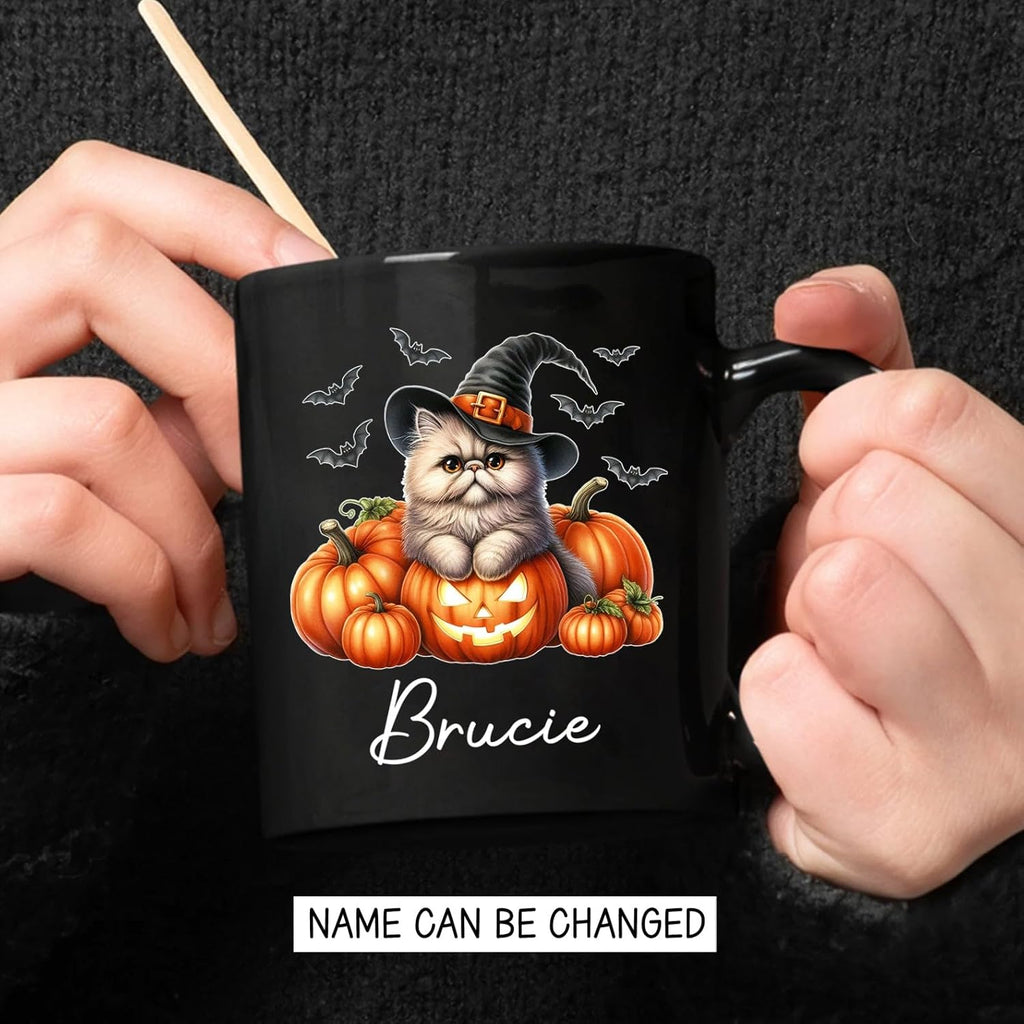 Personalized Persian Wearing Witch Hat Black Cup with Name, Customized Halloween Persian Coffee Mugs, Spooky Cat and Pumpkins Ceramic Cup 11oz 15oz, Halloween Mug Gift for Cat Lover Pet Owner