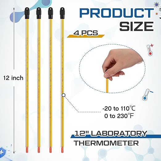 4 Pcs General Purpose Lab Thermometer 12 Inch Laboratory Liquid in Glass Thermometer Total Immersion -20 to 110℃/ 0 to 230℉ Dual Scale for Science University Food and Beverage Processing