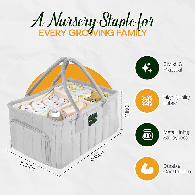 Large Diaper Caddy Organizer with Handle – Baby Basket for Nursery, Car, and Changing Table – Portable Baby Storage with Compartments – Perfect for New Parents and Baby Shower Gifts (Gray)