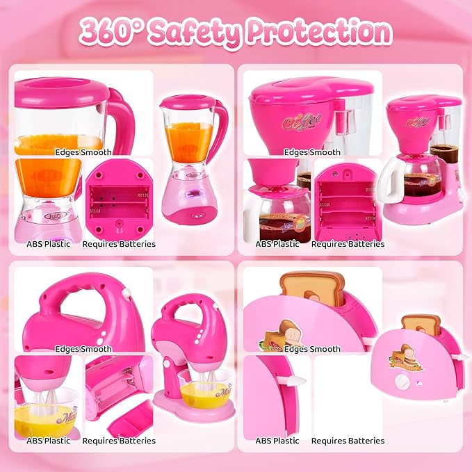 Coherny Play Kitchen Sets for Kids Ages 4-8, Kids Kitchen Playset with Realistic Coffee Maker Machine, Toaster, Mixer and Blender, Pretend Play Toys with Light & Sound for Toddles Girls Boys Gifts