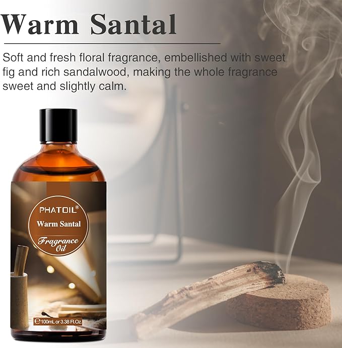 PHATOIL 3.38FL.OZ Warm Santal Fragrance Oils for Aromatherapy, Essential Oils for Diffusers for Home, Perfect for Diffuser, Yoga, Skin Care, DIY Candle and Soap Making - 100ml