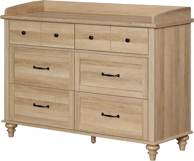 WAMPAT Farmhouse Dresser for Bedroom with 6 Drawers, Kids Dressers with Wide Chest of Drawers, Light Wood Dresser TV Stand for Living Room, Baby Closet Storage Organizer for Nursery, Hallway, Oak