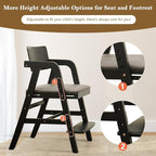 Solid Wood High Chair for Toddlers to Teens, Adjustable Height Toddler Dining Chair, Easy to Clean Toddler Highchair with Removable PU Cushion for Dining, Studying, Step Tool, Black