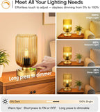 Touch Table Lamp for Nightstand - Small Bedside Lamps for Night Stands Bedroom Living Room, Dimmable Rechargeable Desk Lamp Battery Operated with Amber Glass Shade, Bulb Included