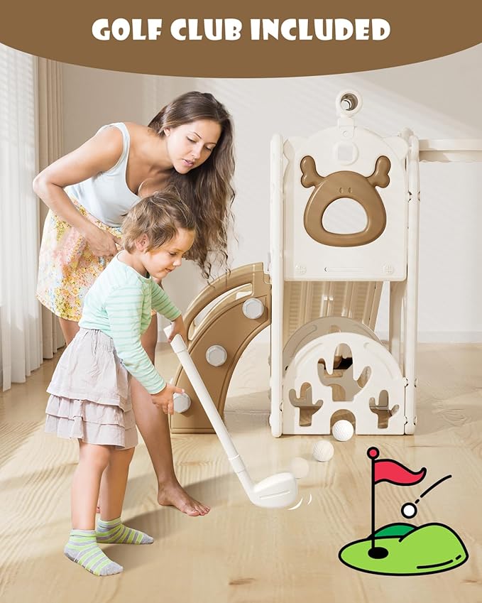 XJD 7 in 1 Toddler Slide, Kids Indoor Slide for Toddlers 1-3, New Upgrade with Golf, Basketball Hoop for Indoor Outdoor Playset,Toddler Playground (White Brown)
