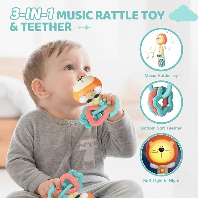 Orzbow Baby Musical Toy Light-Up, Lion Teether Toy Bpa-Free, Baby Teething Toys & Rattles 3-6-12-18 Months, Easy to Grip Sensory Toys for Toddler, Baby Boy Gir Birthdays Gift
