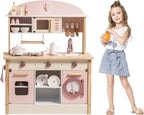 ROBOTIME Wooden Play Kitchen Set, Pretend Play Kitchen Set for Kids with Realistic Design, Kids & Toddlers Kitchen Playset with Dishwasher, Toy Kitchen Set for Boys and Girls Ages 3+ (Pink)