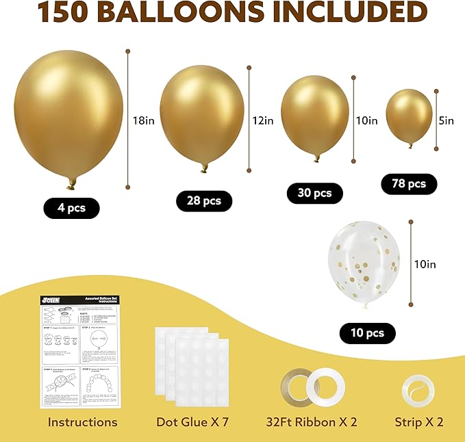 JOYIN 150 Pcs Metallic Gold Balloons, Different Sizes 18 12 10 5 Inch Gold Latex Balloon Arch Kit with Instruction for Birthday Decoration Party Graduation Wedding Holiday