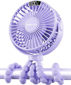 SWEETFULL Portable Stroller Fan with Display 4000mAh Battery Powered Mini Clip On Fan, 4-Speed Rechargeable Small Personal Cooling for Baby Car Seat Crib Travel - Purple