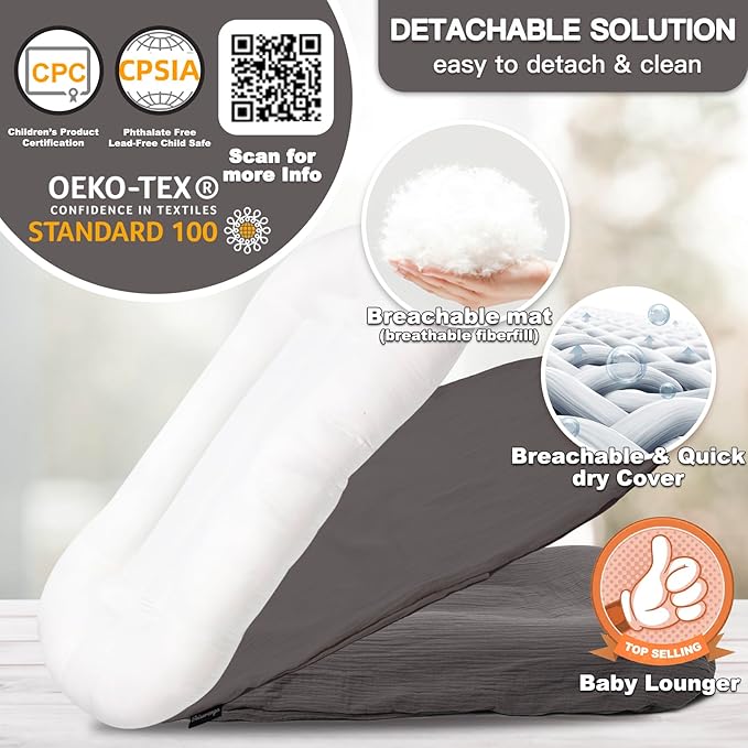 Baby Lounger - Snuggle Cozy Me Infant Lounger for Newborns | Breathable & Soft, Portable Awake-Time Pad, Essential Baby Gift- Grey (Lounger Cover Included)
