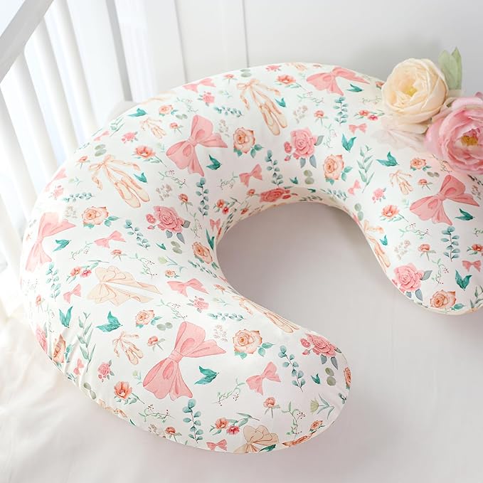 GFU Nursing Pillow Cover for Boys and Girls, Breastfeeding Pillow Case for Newborn, Soft Baby Breastfeeding Pillow Slipcover Colourful Bow & Flowers, Stretchy Feeding Cover (Cover Only)