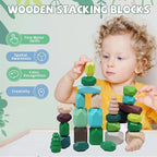40 PCS Wooden Stacking Rocks Building Blocks Forest Theme, Sensory Learning Montessori Toys for 3 4 5 Year Old Kids, Preschool Educational STEM Toys Toddler Games Birthday Gifts for Girls Boys
