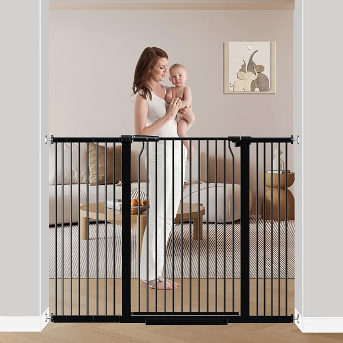 40.5" Extra Tall Baby Gate for Stairs, 40.5"-54.7" Extra Wide Large Dog Pet Gate Indoor, Pressure Mounted Safety First Child Gate Kids, Metal Auto Close Puppy Barrier for Walk Thru, Black
