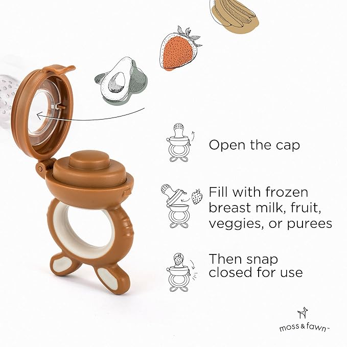 Moss and Fawn Little Explorer Kit - Silicone Frozen Breast Milk Popsicle Kit with Forage Feeder, Teething Popsicle Ice Cube Tray, & Gather & Roll Baby Feeding Bib - BPA, PVC, & Lead-Free - Foliage