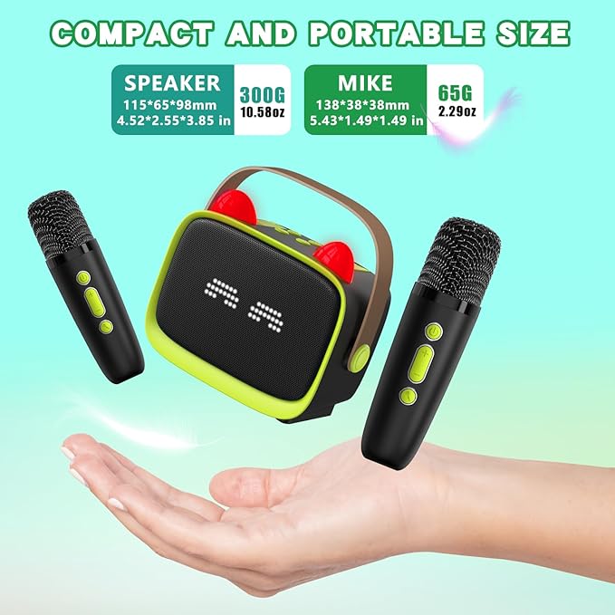 Mgaolo Upgraded Mini Karaoke Machine Toy for Kids, Portable Bluetooth Speaker with 2 Wireless Mics, Emoji & Colorful LED Lights, Home Travel & Party Play Gifts for Boys Girls (Green)