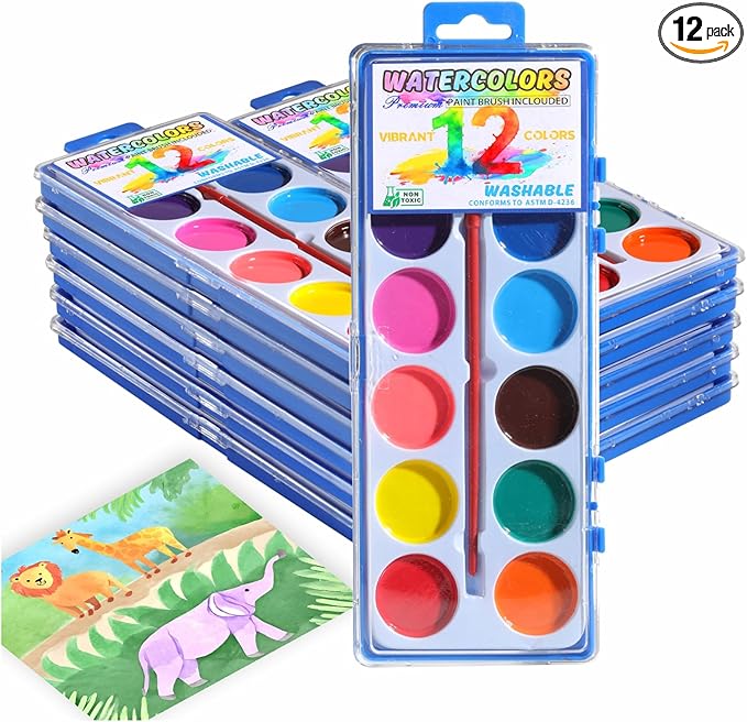12 Packs Watercolor Paint Set Bulk, 12 Vibrant Colors Washable Watercolors with Brushes for Kids, Art Activities Painting Supplies for School Classroom Home
