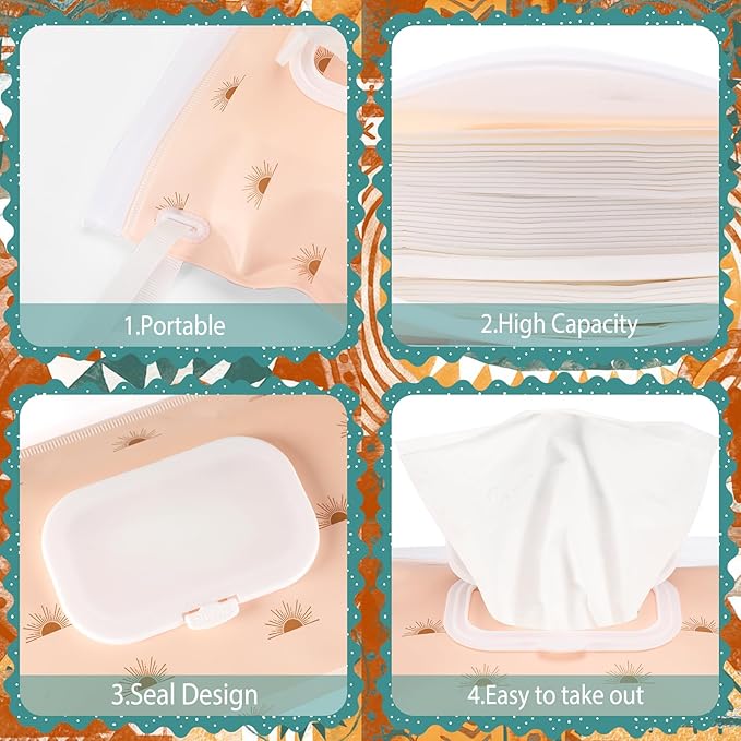 FEBSNOW 2 Pack Baby Wipes Dispenser, Portable Refillable Wipe Holder Baby Wipes Container Travel Wipes Case Reusable Boho Wet Wipes Pouch