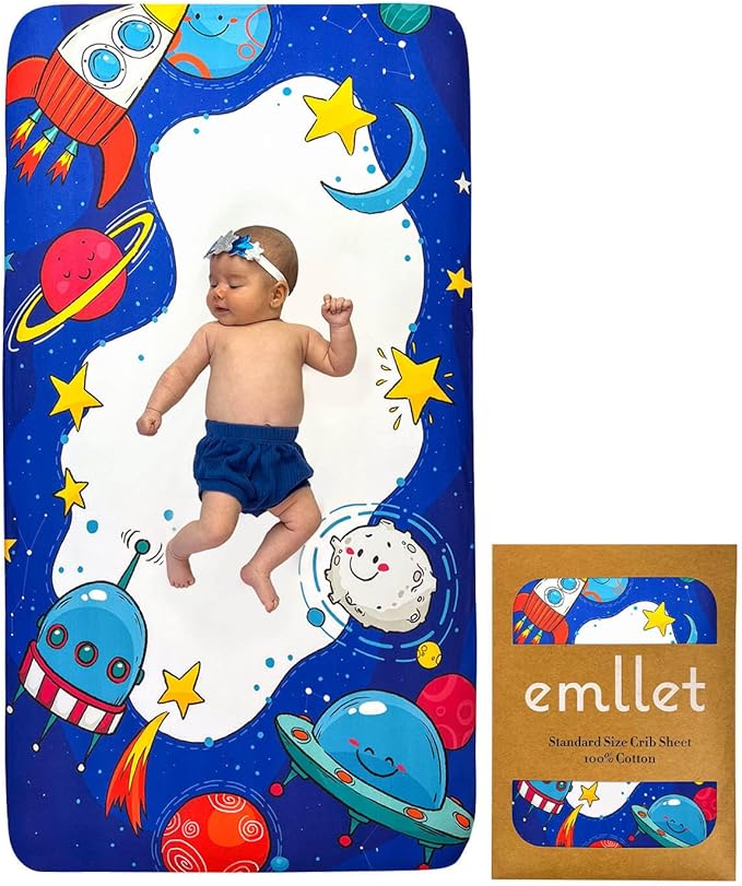 100% Cotton Fitted Crib Sheet – Cosmic Adventure Space Theme, Soft Nursery Bedding for Baby Boy or Girl, Fits Standard Crib Mattress 52x28in