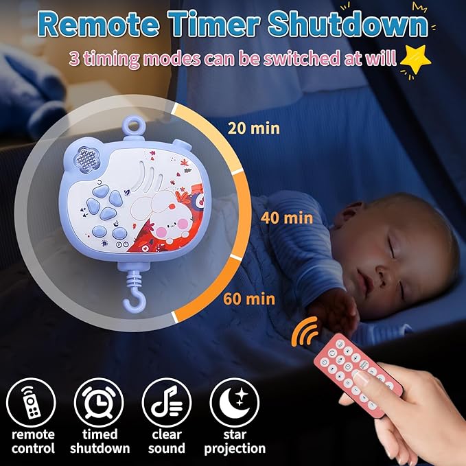 Baby Mobiles for Cribs, Crib Mobile with Music and Lights, Nursery Musical Mobile for Bassinets Hanging Toys with Remote Control, Rotation, Projection, Animal Mobile Arm Clip On for Infant Boys Girls