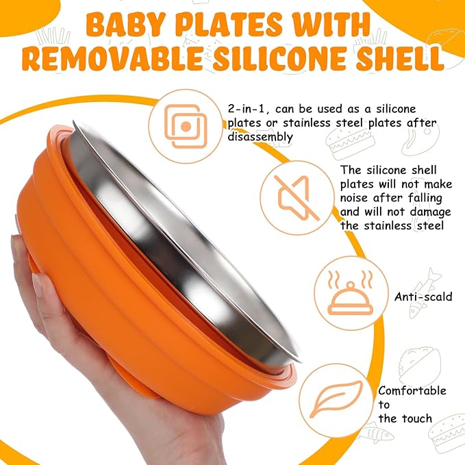 Nuogo 2 Pcs Stainless Steel Baby Suction Plates with Removable Silicone Shell 2-in-1 Metal Toddler Bowl Divided for Picky Eaters Kids Feeding Led Weaning Supplies, Dishwasher Safe (Orange,Red)