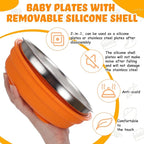 Nuogo 2 Pcs Stainless Steel Baby Suction Plates with Removable Silicone Shell 2-in-1 Metal Toddler Bowl Divided for Picky Eaters Kids Feeding Led Weaning Supplies, Dishwasher Safe (Orange,Red)