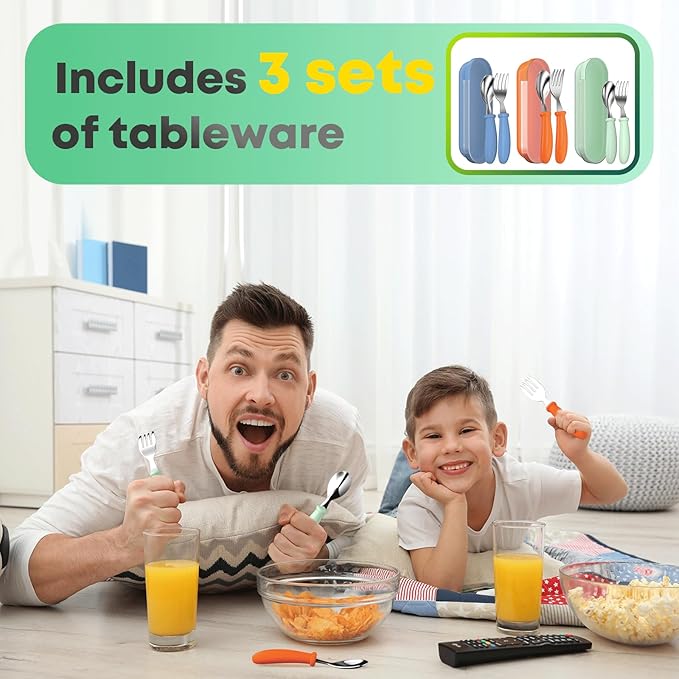 Toddler Utensils, Toddler Forks and Spoons, Baby Stainless Steel Silverware Set with Storage Box for Self Feeding Safe, Dishwasher Safe (3 Set with Case)