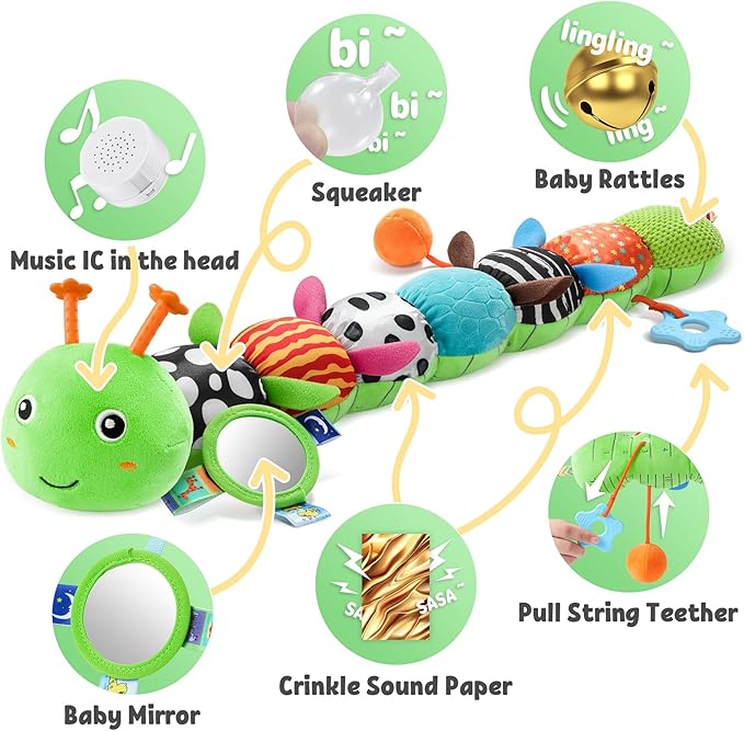 LIGHTDESIRE Baby Toys Musical Caterpillar,Infant Toys Stuffed Animals with Ruler Design,Mirror,Pull String&Ring Bell,Baby Teething Toys for Tummy Time Toys Newborn Gift 3 6 12 Months(Green,Leafy Limb)