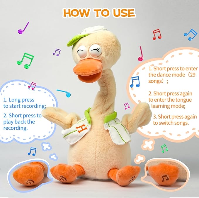 Talking Dancing Duck Toy Mimicking Recording Plush & Interactive Toy, Repeating What You Say, Neck Shaking Stuffed Toys, Talking Doll for Birthday Kids Gift for Boy & Girl