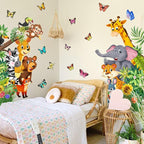 Jungle Animal Wall Decals, Cartoon Animal Sticker Safari Elephant Lion Monkey Wall Decals for Baby Room Playroom Bedroom Classroom Kindergarten Decor