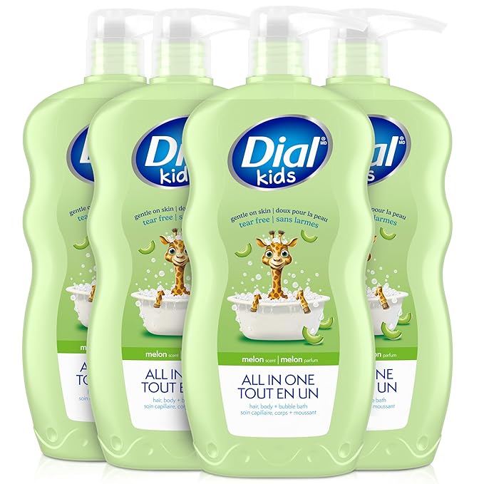 Dial Kids All-in-1 Body Wash + Hair + Bubble Bath, Melon Scent, 24 Fl Oz, Pack of 4, Hypoallergenic Body Wash & Shampoo, No Tears Formula for Kids 2+ Years, No Parabens & Silicones