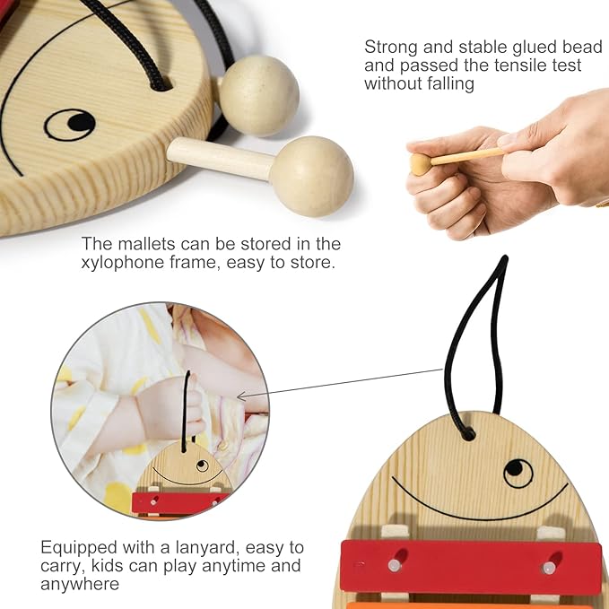 MUSICUBE Xylophone for Baby Toddler Fish Shape Wooden Xylophone with 2 Mallets Educational & Preschool Learning Percussion Instrument Professional Tuning Musical Toys for Kids Aged 3+