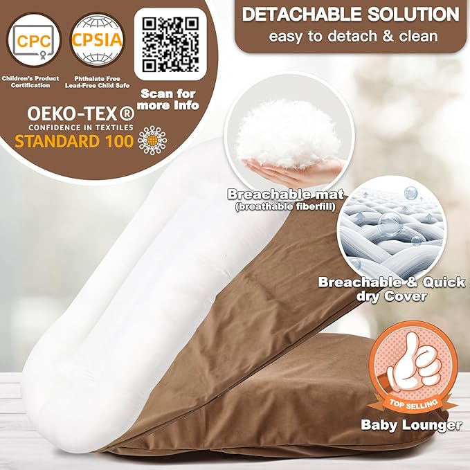 Baby Lounger - Snuggle Cozy Me Infant Lounger for Newborns | Flannel Cover, Breathable Soft, Portable Awake-Time Pad, Essential Baby Gift -Brown