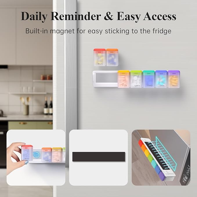 Weekly Pill Organizer Magnetic, Removable Pill Box 7 Day 1 Time a Day, Large Pill Case Travel, Week Once Daily Medication Dispenser, Medicine Container Holder for Supplement Vitamin, White