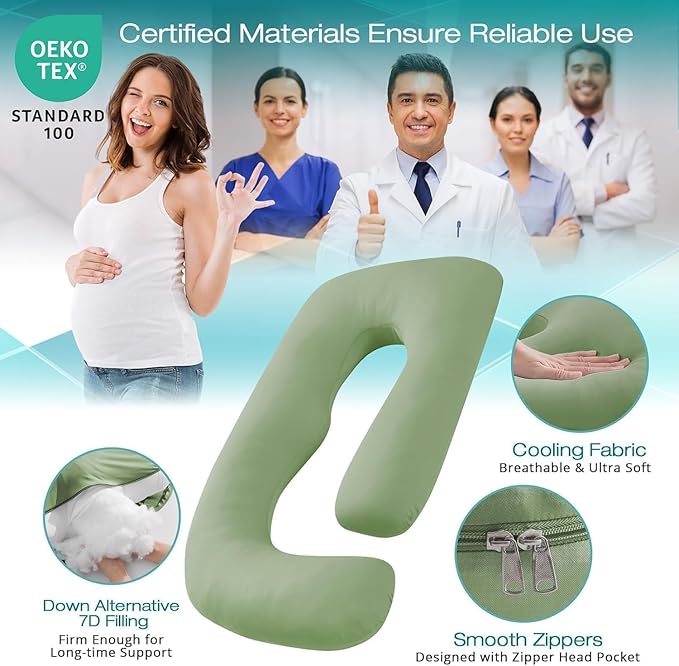 Sasttie Pregnancy Pillows for Sleeping, Jumbo U Shaped Cooling Full Body Pillow with Removable Cover, Pregnant Women Must Haves, Maternity Essential, Green