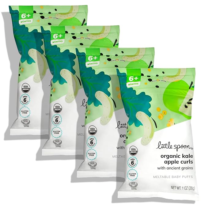 Little Spoon Kale Apple Meltable Baby Puffs, Organic Corn Quinoa Sorghum, No Rice, No Added Sugar Snacks, Encourages Self-Feeding, 1 Oz Bag, 4 Pack
