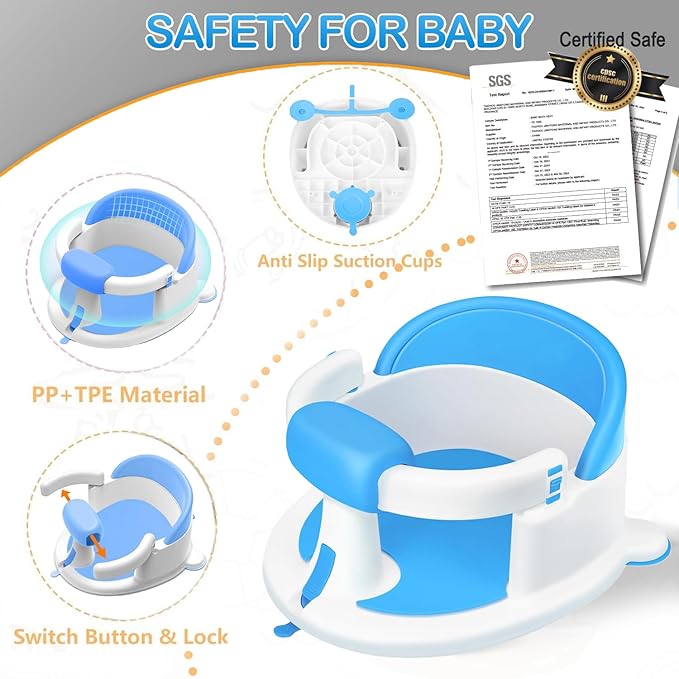 Baby Bath Seat for Babies 6 Months & up, Non-Slip Toddler Bath Seats for Babies Sitting Up,Safe Infant & Newborn Baby Bath Chair Support for Bathtub/Living Room/Shower Room, Blue