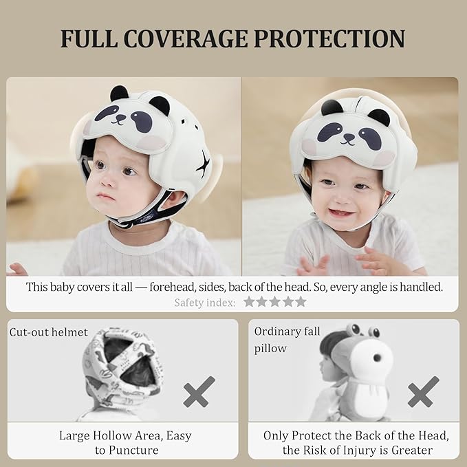 Baby Head Protector Helmet for Crawling and Walking - No Bumps, Soft Safety Peak, Ultra Light, Adjustable - Suitable for Babies 6-24 Months - Panda