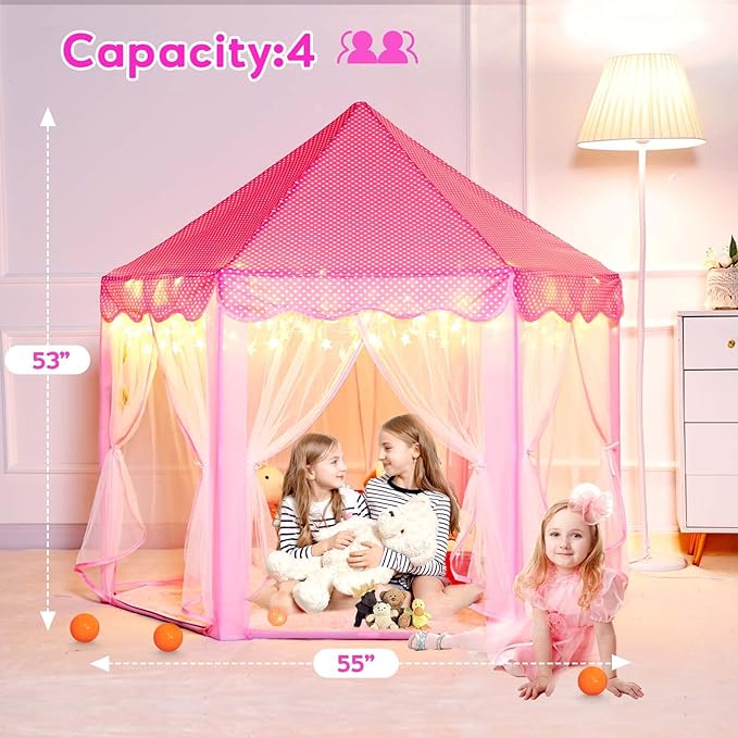 Princess Castle Tent with Rug for Girls Fairy Play Tents for Kids Hexagon Playhouse with Fairy Star Lights Toys for Children or Toddlers Indoor Games (Pink Princess Tent with Rug)