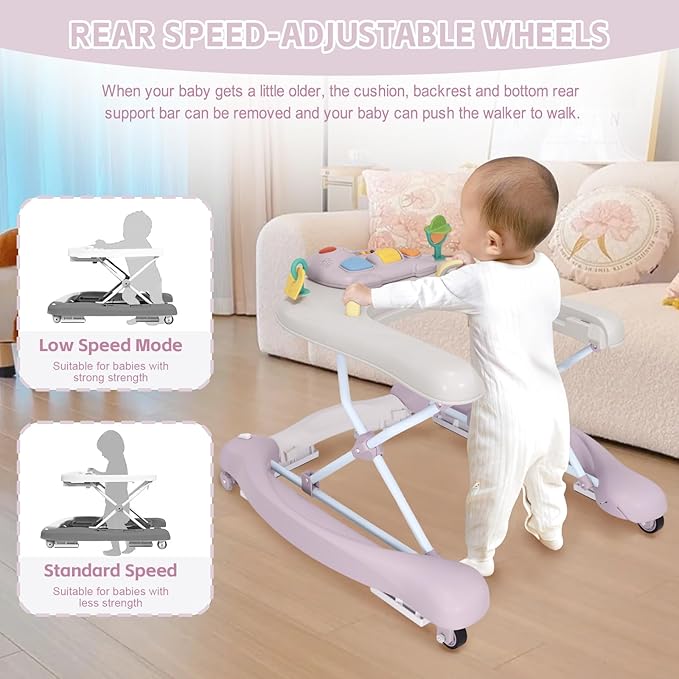5 in 1 Foldable Baby Walker,Activity Baby Walker-Baby Bouncer,Rocker,Activity Center,Seat and Push Walker,Detachable Footrest Mat,Adjustable Speed Rear Wheels and Height,Ages 6-18 Months (Purple)