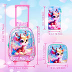 Girls Rolling Backpack, Cute Deer Roller Wheels Kids Bookbag - Wheeled Elementary School Bag - 3PCS Deer