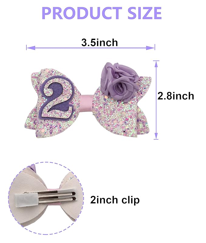Birthday Hair Bow for Baby Girls 1 2 3 4 5 6 Years Sprinkle Decorations Party Hair Accessories for Two 2nd Birthday Purple Rose