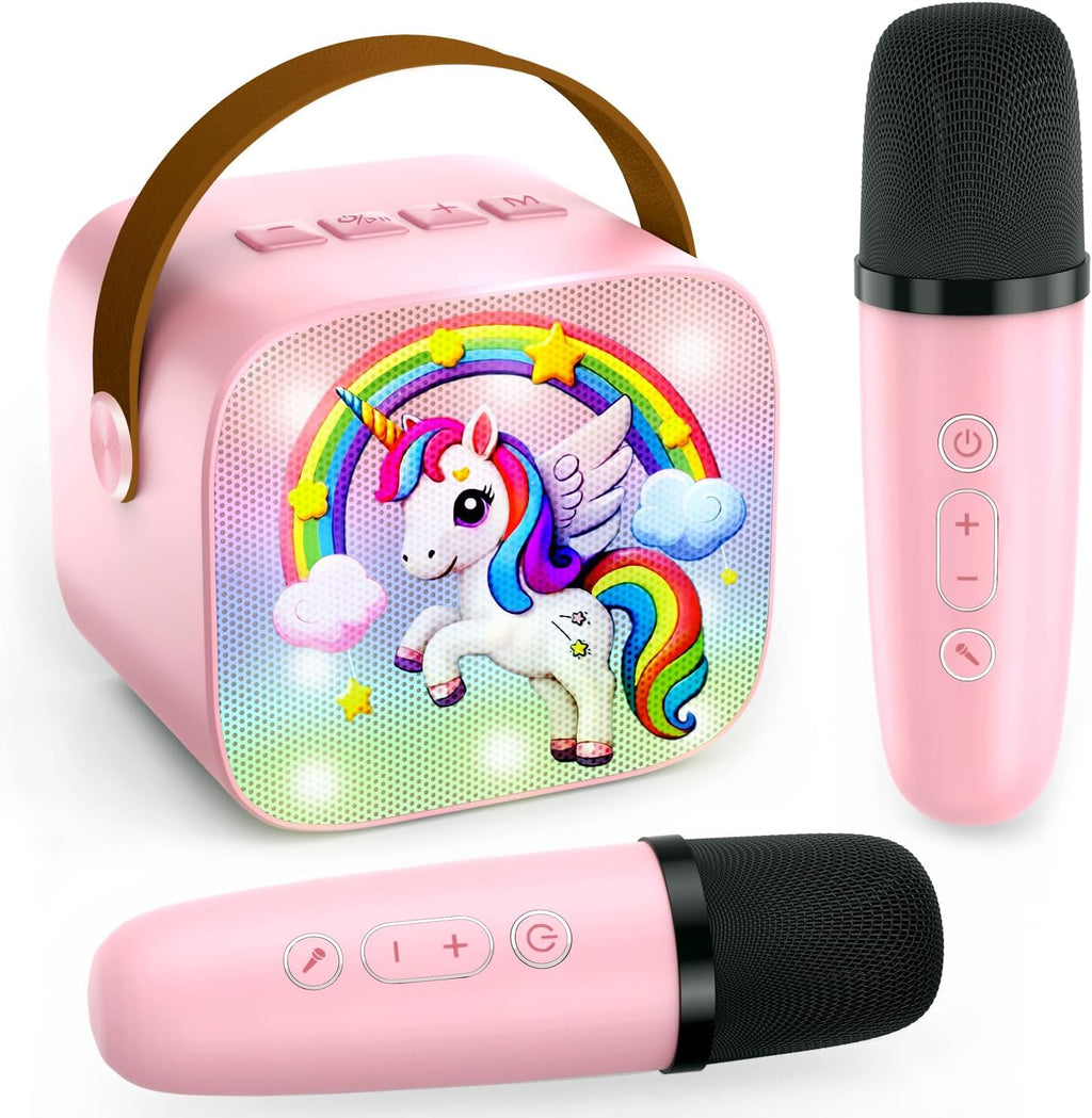 Mini Karaoke Machine for Kids Teen Adults - Toddler Toys Birthday Gift for Girls Ages 3-12, Portable Bluetooth Speaker Set with 2 Wireless Microphones fits Family Fun Home Party Outdoor, Pink