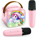 Mini Karaoke Machine for Kids Teen Adults - Toddler Toys Birthday Gift for Girls Ages 3-12, Portable Bluetooth Speaker Set with 2 Wireless Microphones fits Family Fun Home Party Outdoor, Pink