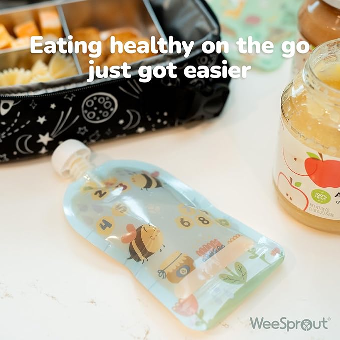 WeeSprout Double Zipper Reusable Food Pouches, Perfect for Babies & Toddlers, Freezer & Dishwasher Safe (Animals, 3.4 Fl Oz (Pack of 6) + Pouch Filler)